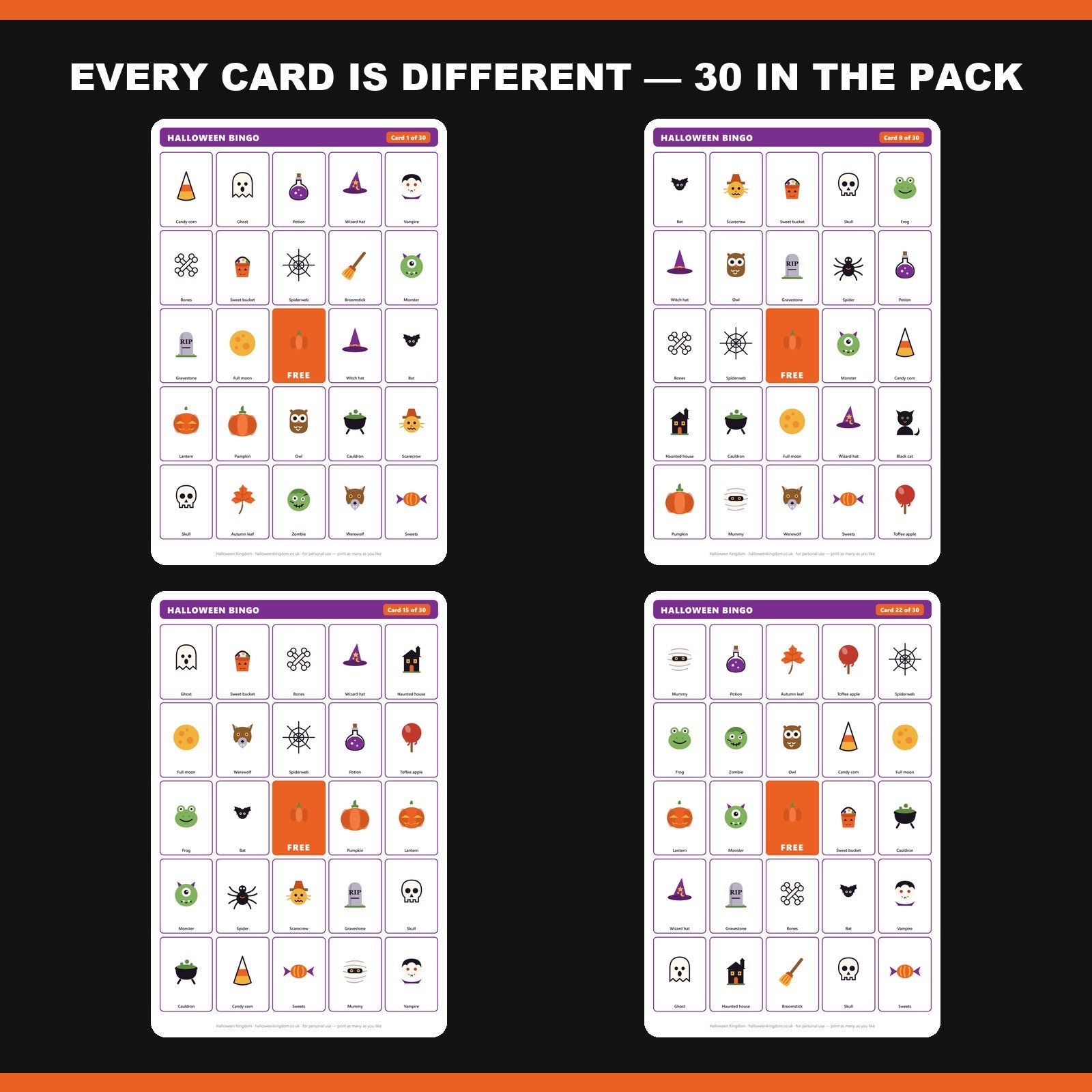 Four of the 30 unique bingo cards — cards 1, 8, 15 and 22, every card different