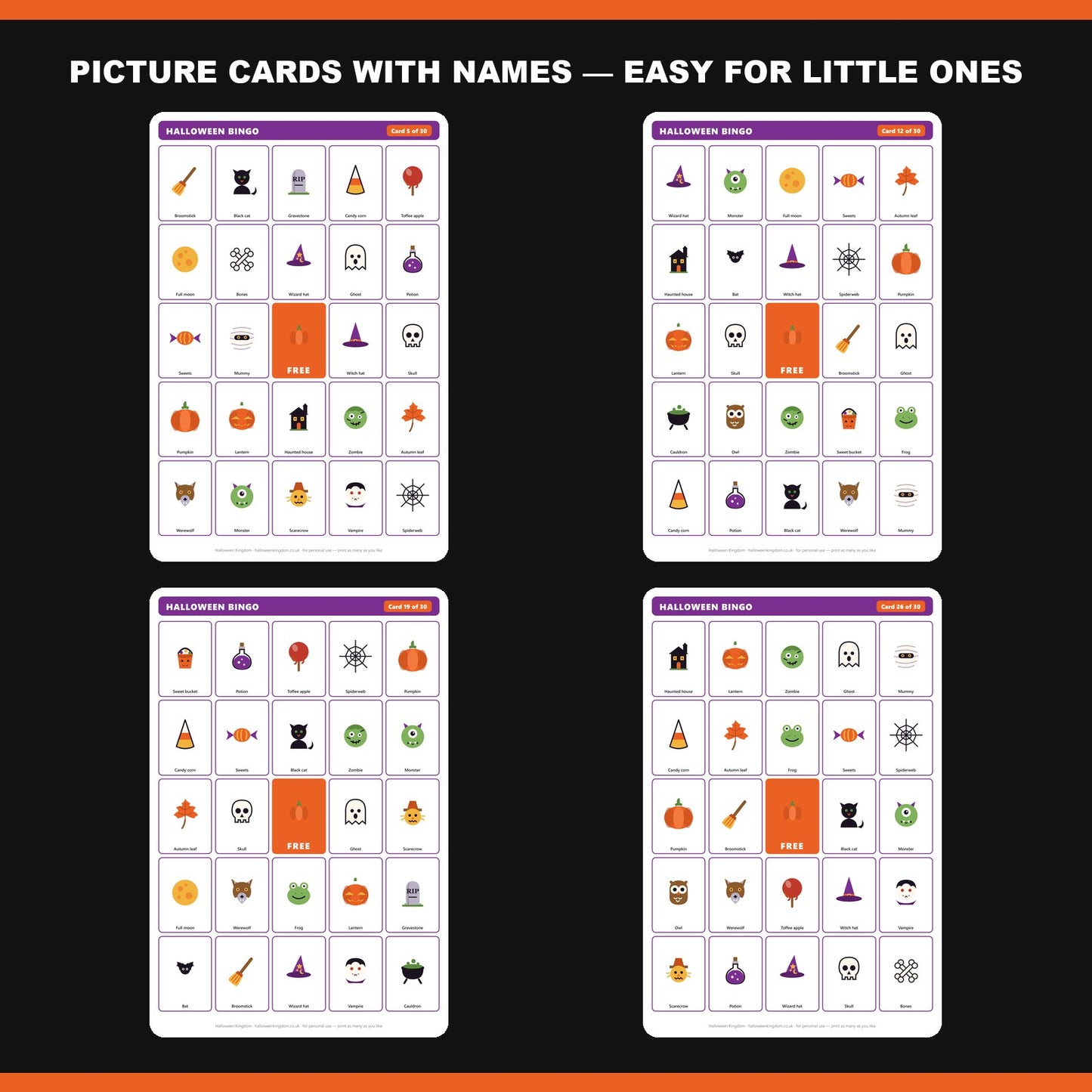 Four more of the 30 bingo cards — cards 5, 12, 19 and 26, with picture and word on every square
