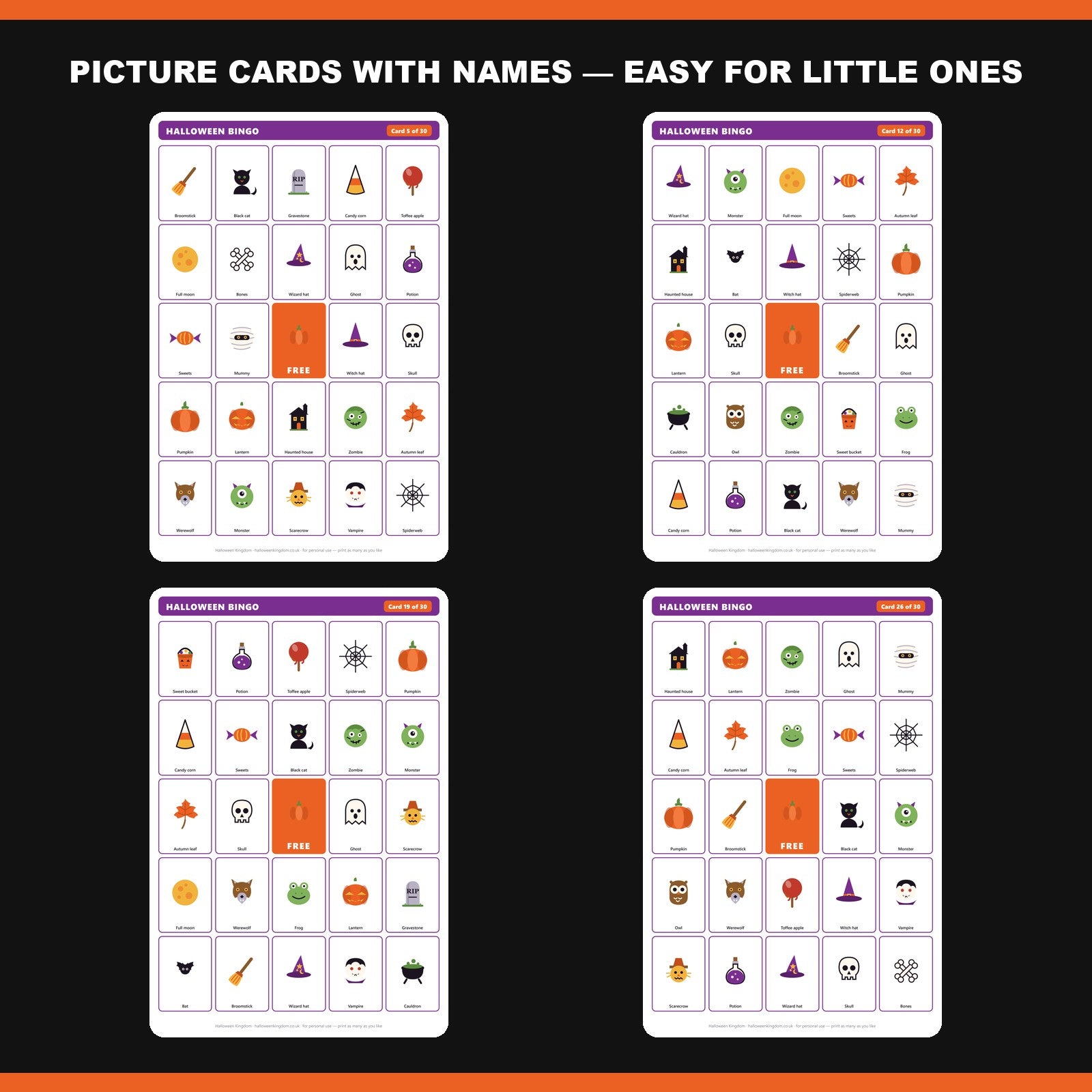 Four more of the 30 bingo cards — cards 5, 12, 19 and 26, with picture and word on every square