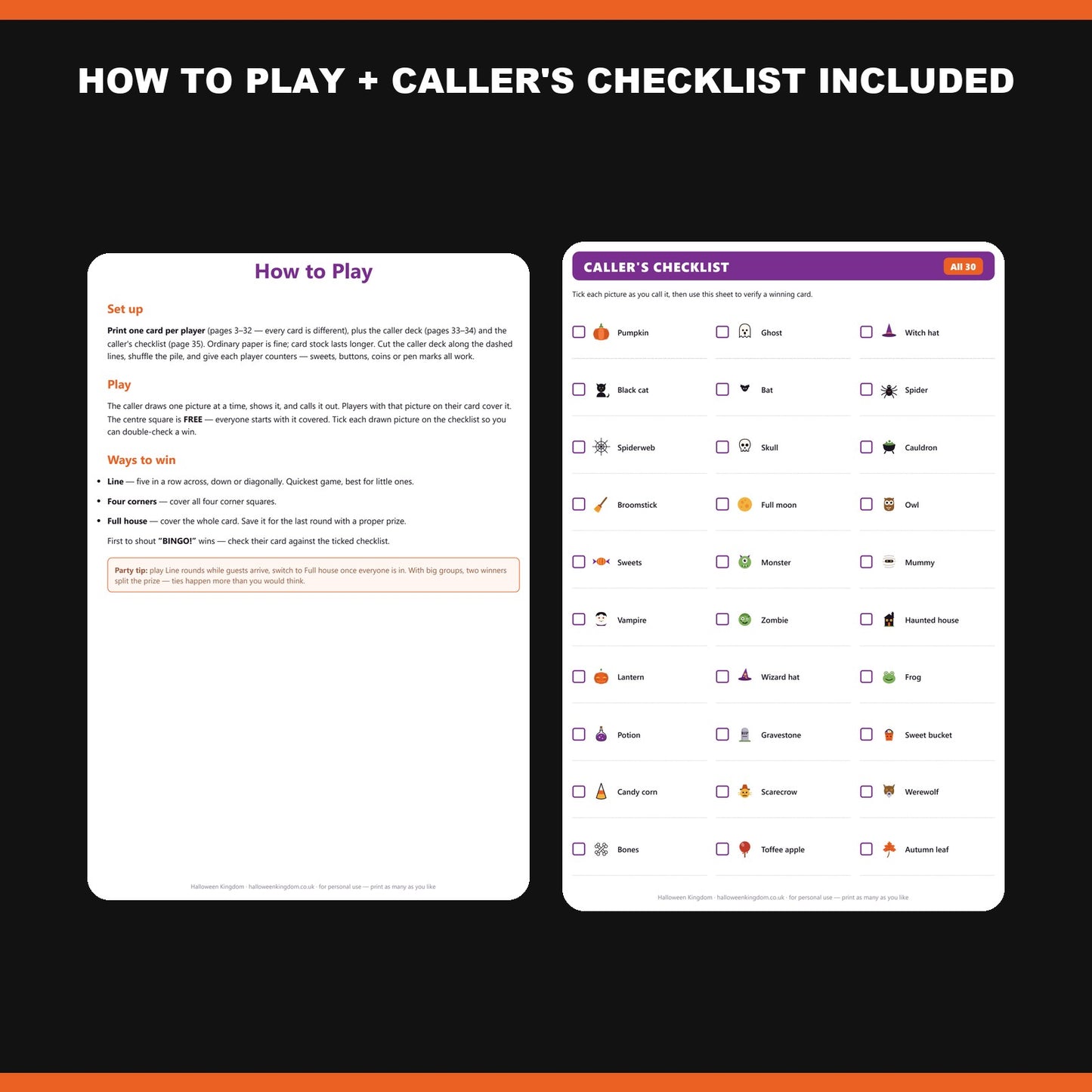 How to Play guide and caller's checklist, both included in the pack