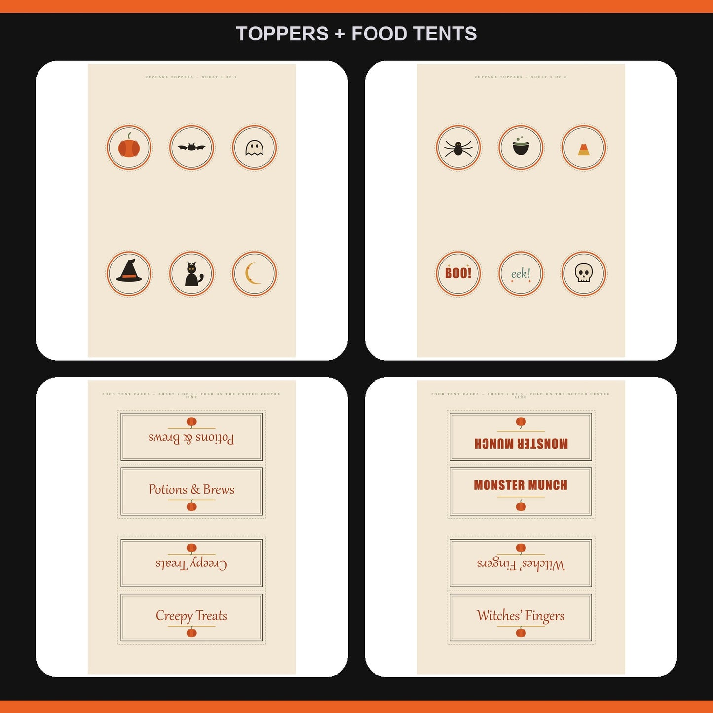 Cupcake toppers and food tent cards from the kit