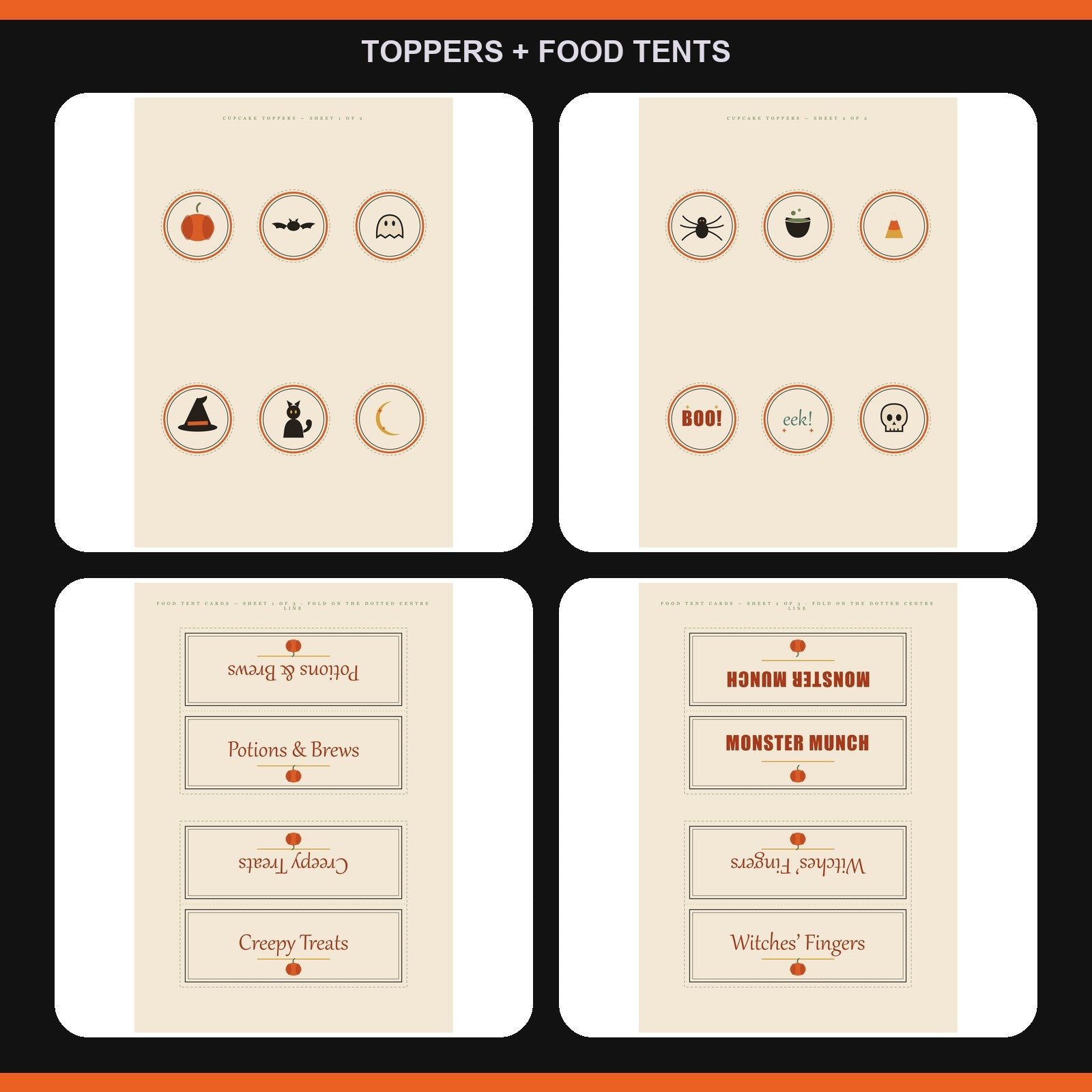 Cupcake toppers and food tent cards from the kit
