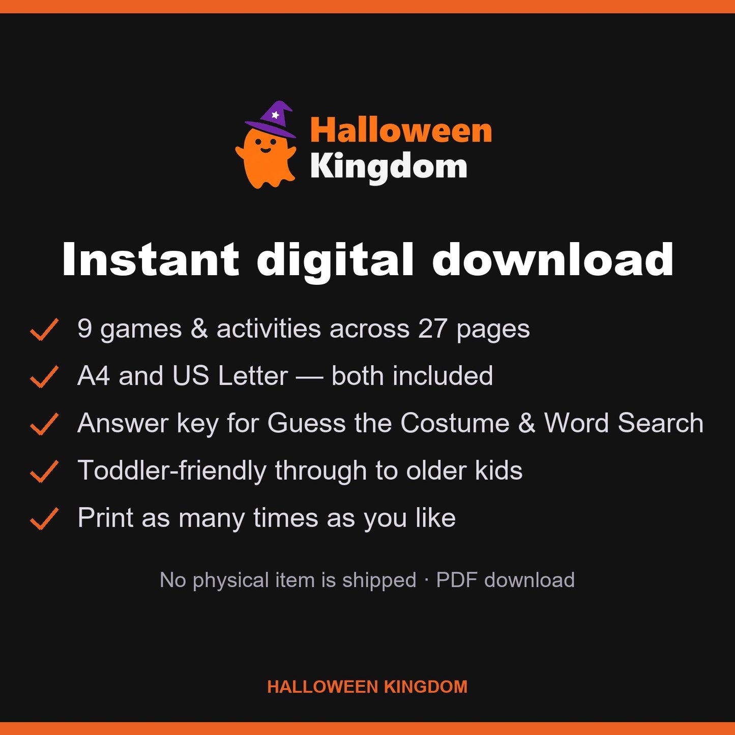 What's included — 9 games across 27 pages, A4 and US Letter, instant PDF download