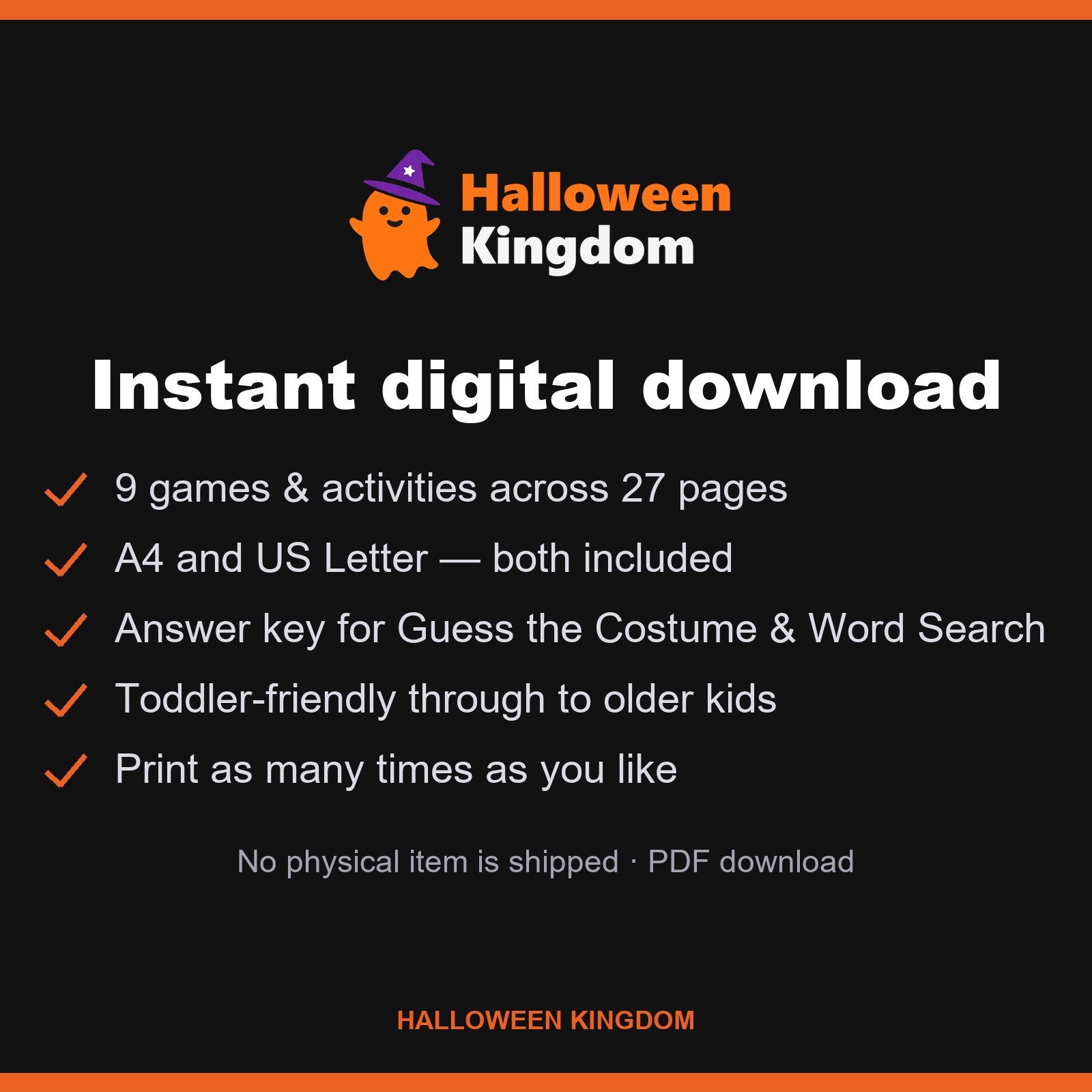 What's included — 9 games across 27 pages, A4 and US Letter, instant PDF download