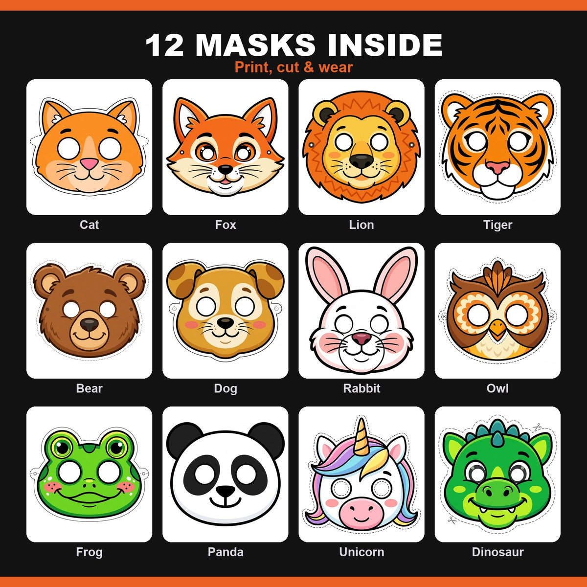 All 12 animal masks in the pack, labelled: cat, fox, lion, tiger, bear, dog, rabbit, owl, frog, panda, unicorn and dinosaur