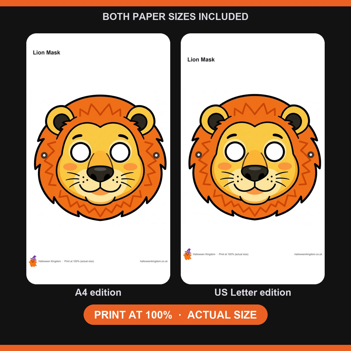 The lion mask page shown side by side in both included editions, A4 and US Letter, printed at 100 percent actual size
