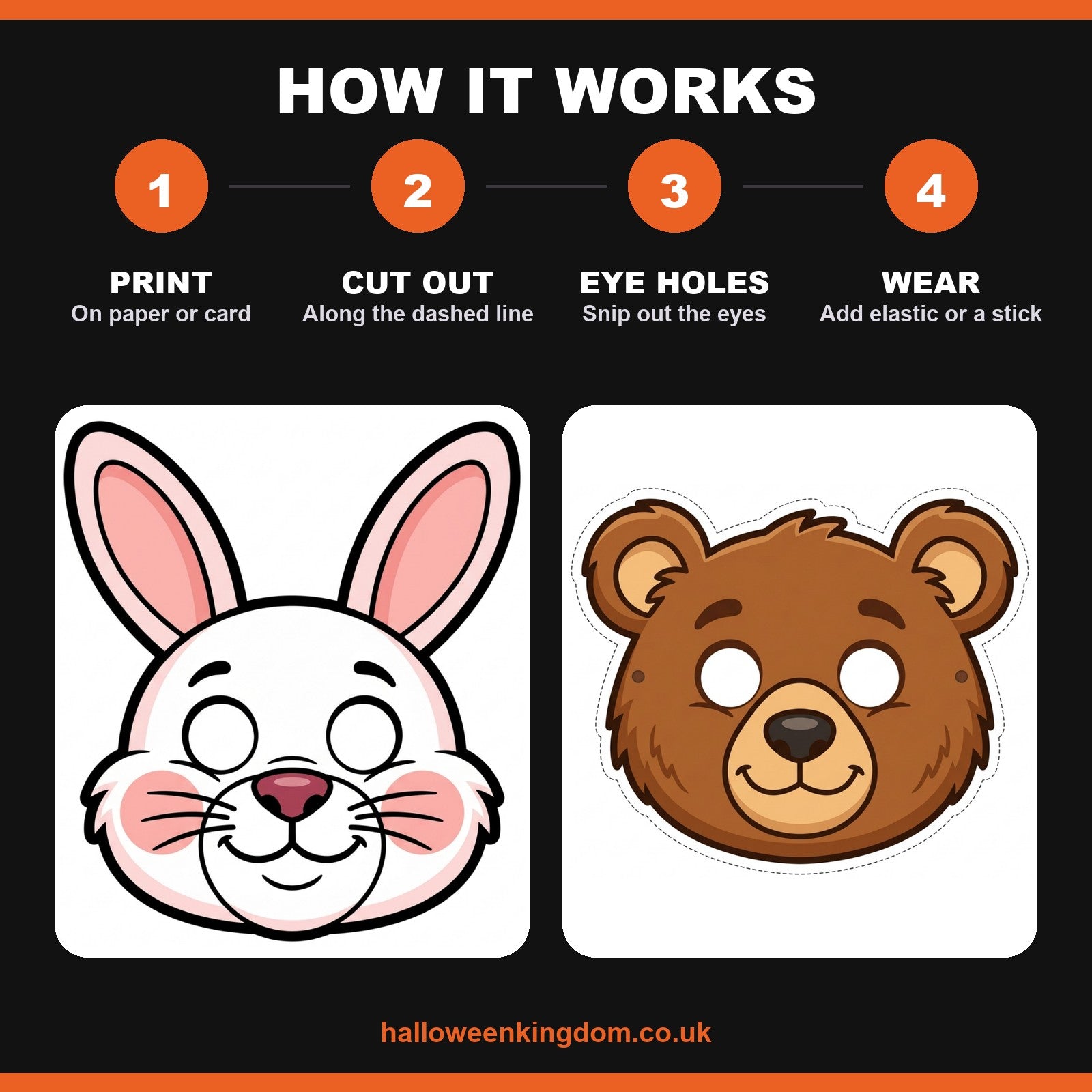 How it works in four steps — print on paper or card, cut along the dashed line, snip out the eye holes, then add elastic or a stick to wear