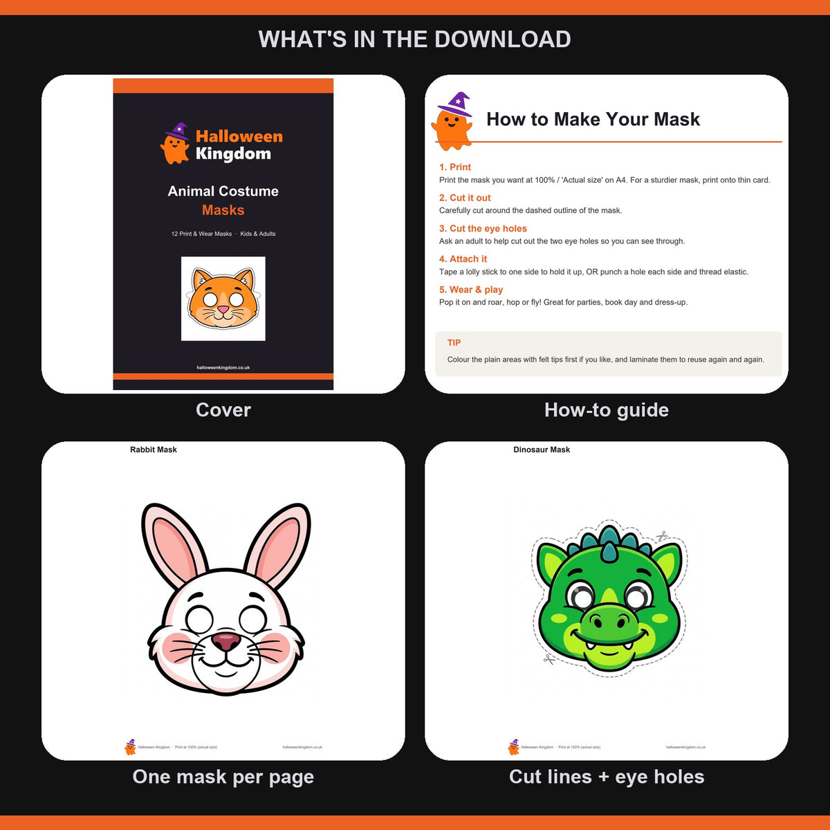 What is in the download — the pack cover, the illustrated how-to-make-your-mask guide, one mask per page, and the dashed cut outline with marked eye holes