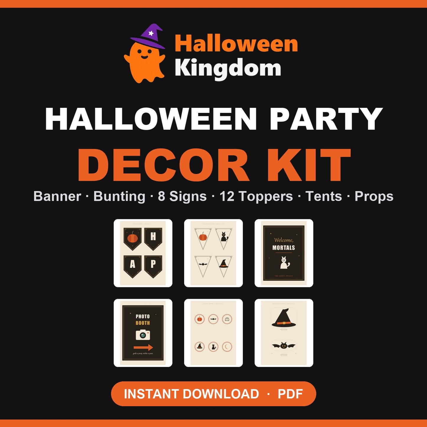 Halloween Party Decor Kit — 64 printable pieces, A4 and US Letter