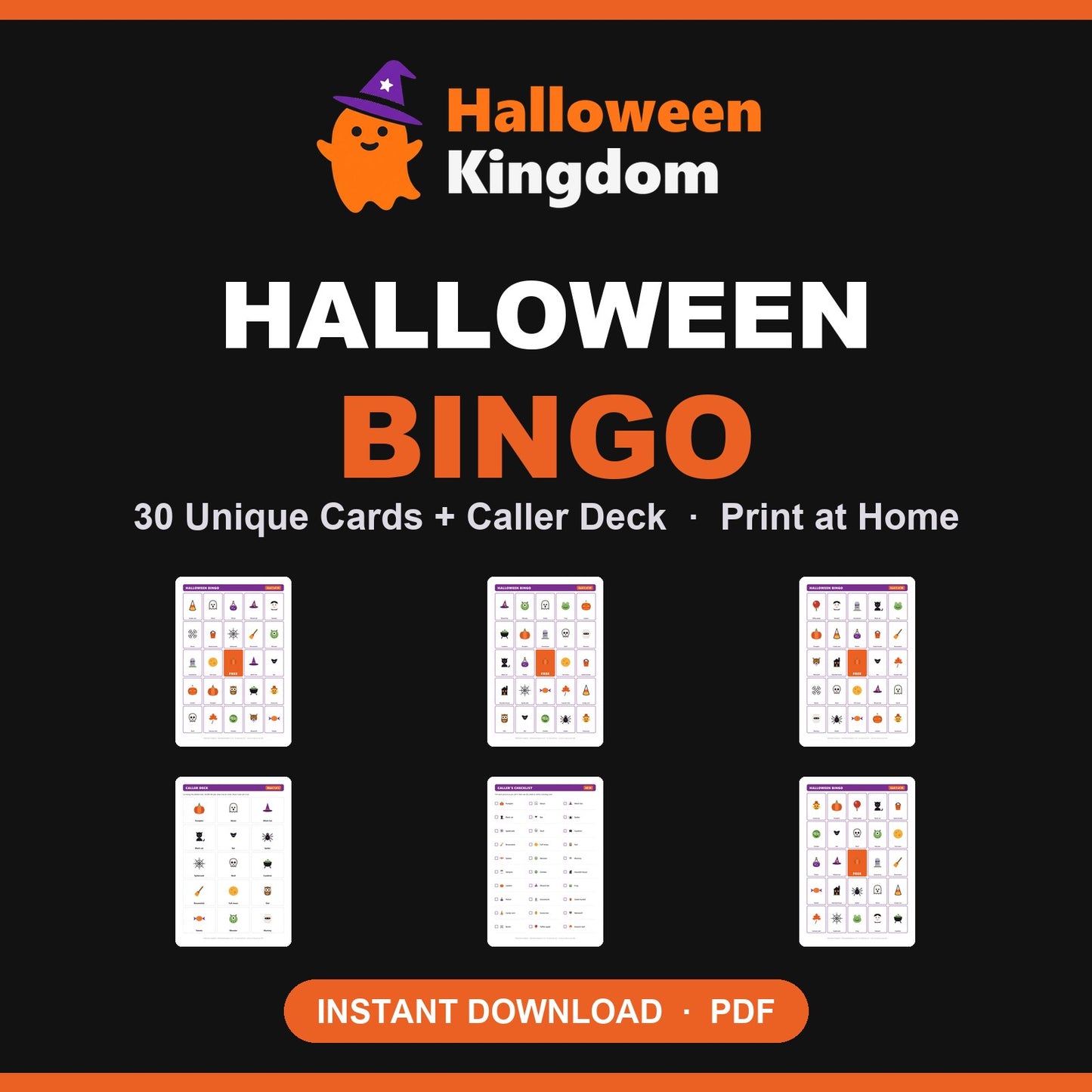 Halloween Bingo — 30 printable cards and caller deck, A4 and US Letter