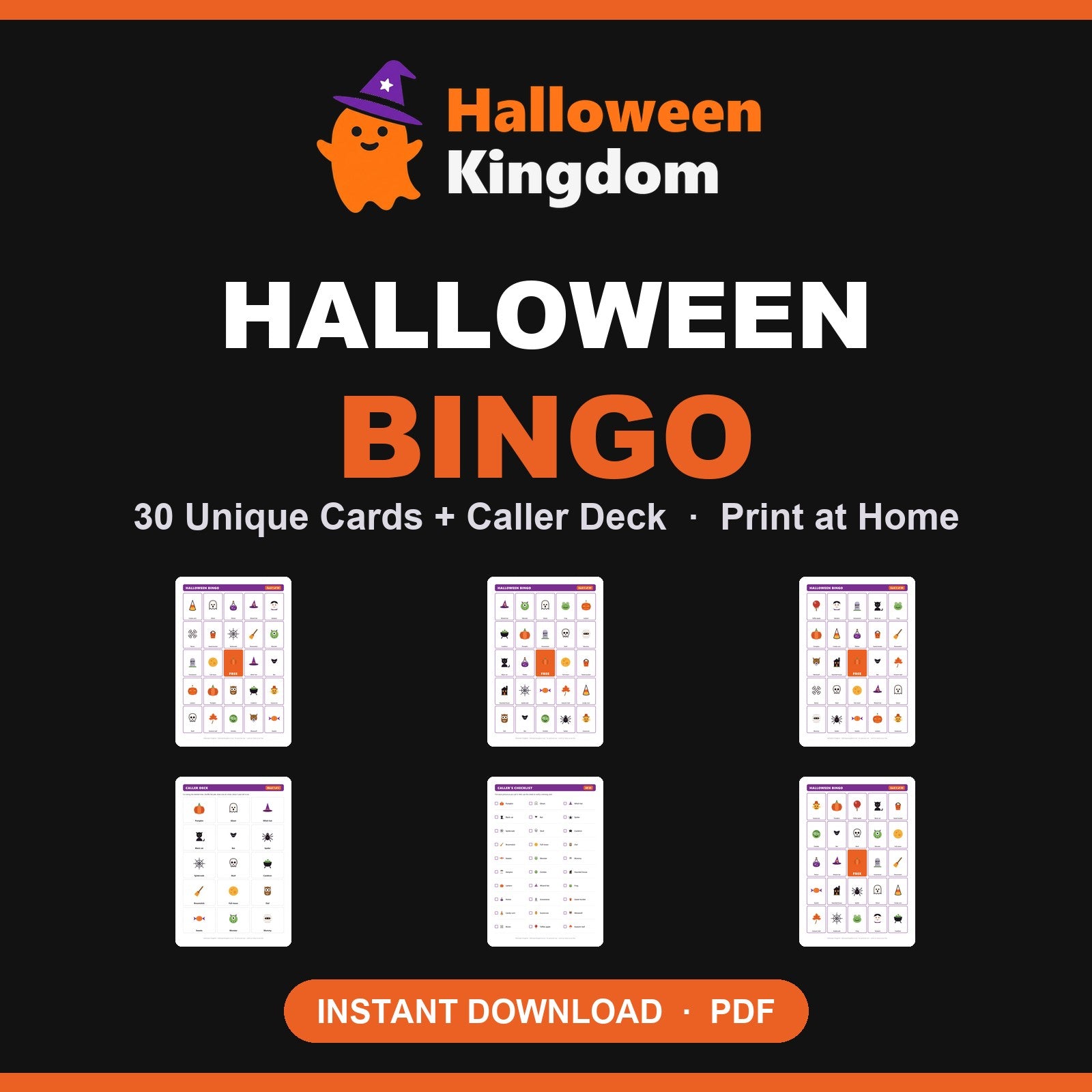 Halloween Bingo — 30 printable cards and caller deck, A4 and US Letter