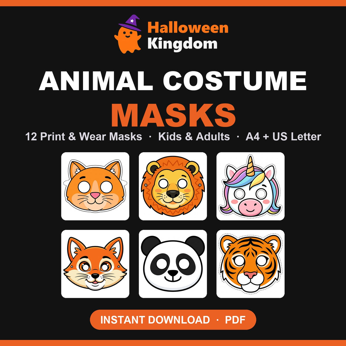 Animal Costume Masks printable pack — six of the twelve print-and-wear masks shown: cat, lion, unicorn, fox, panda and tiger