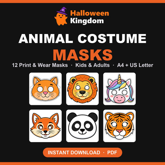 Animal Costume Masks printable pack — six of the twelve print-and-wear masks shown: cat, lion, unicorn, fox, panda and tiger