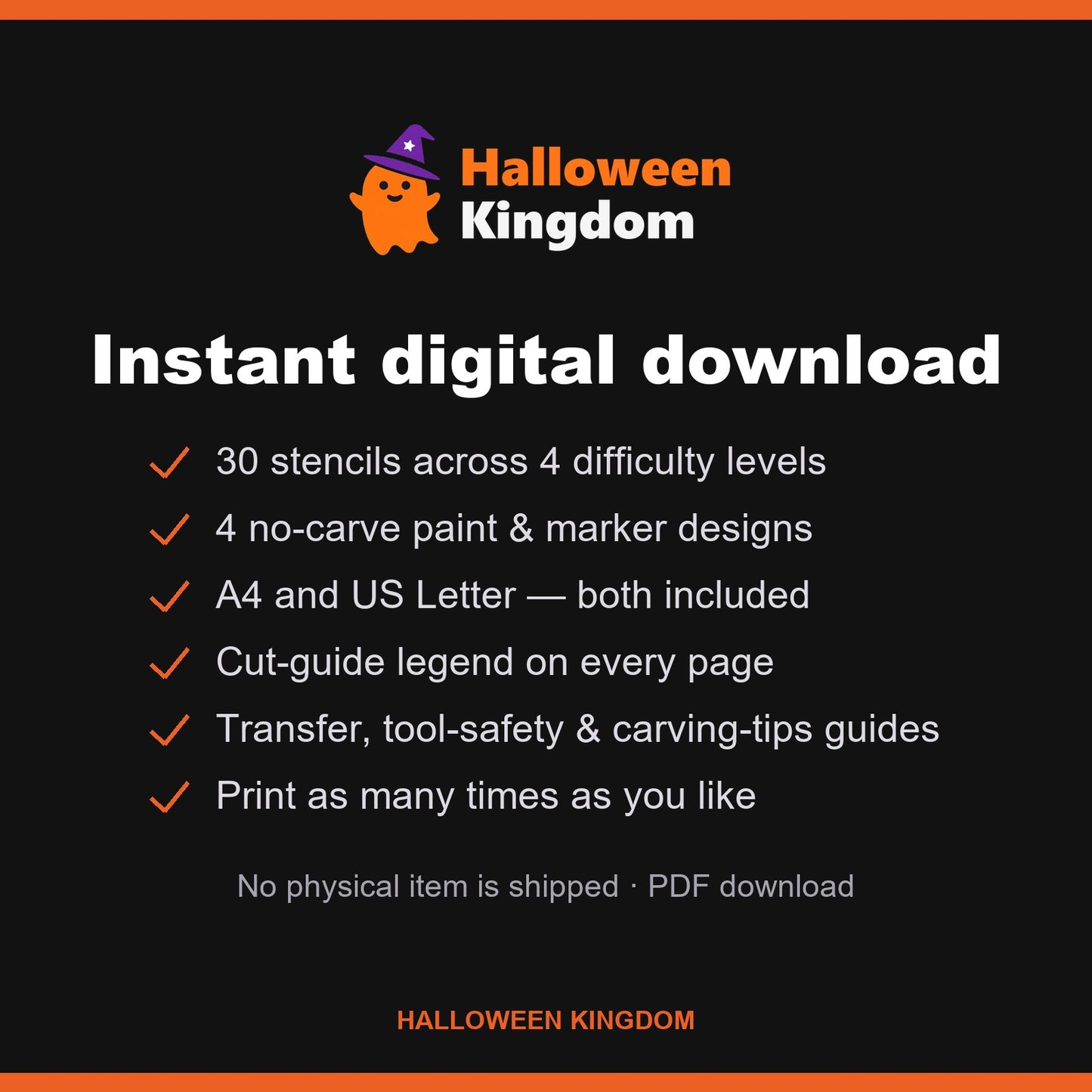 What's included — 30 stencils, 4 difficulty levels, A4 and US Letter, instant PDF download