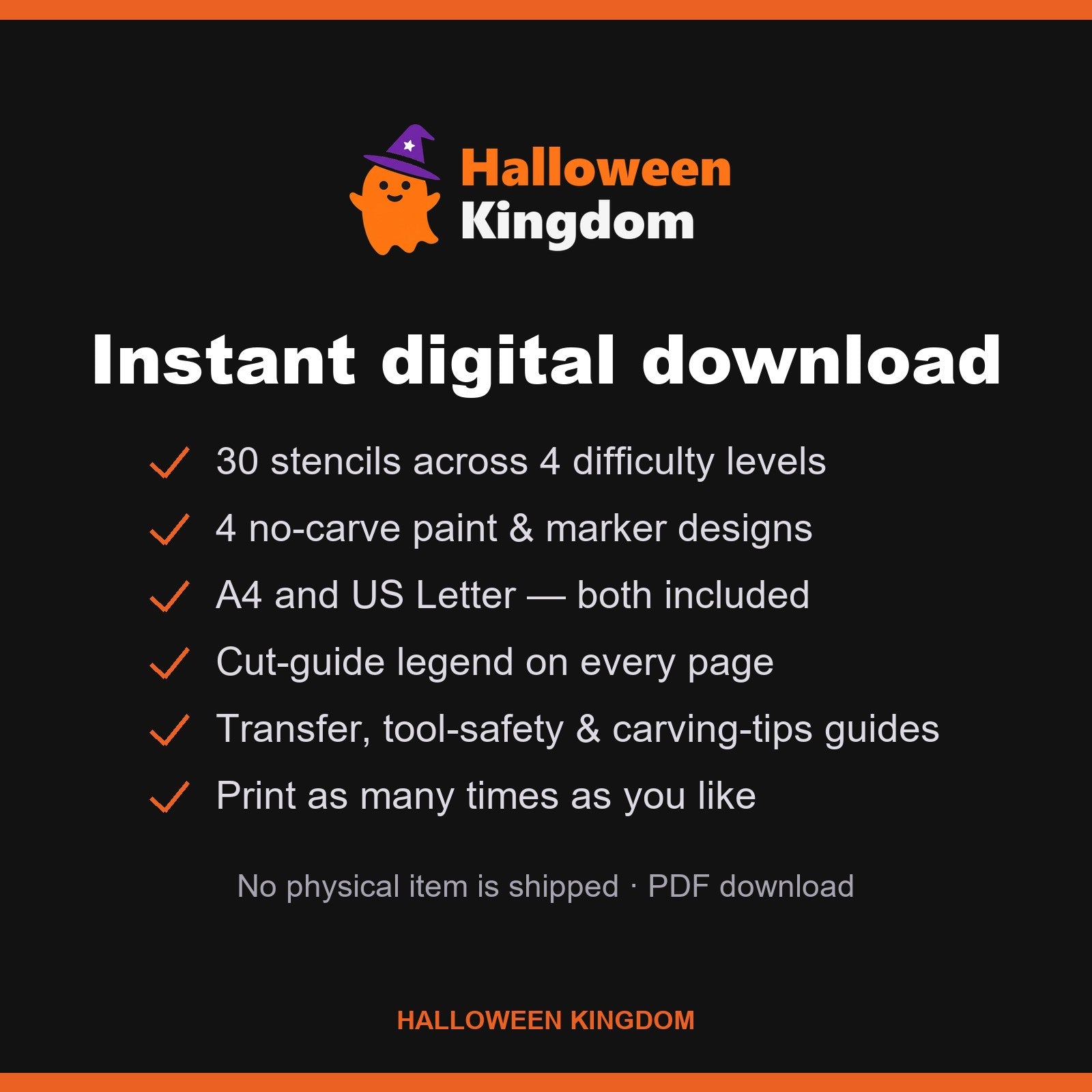 What's included — 30 stencils, 4 difficulty levels, A4 and US Letter, instant PDF download