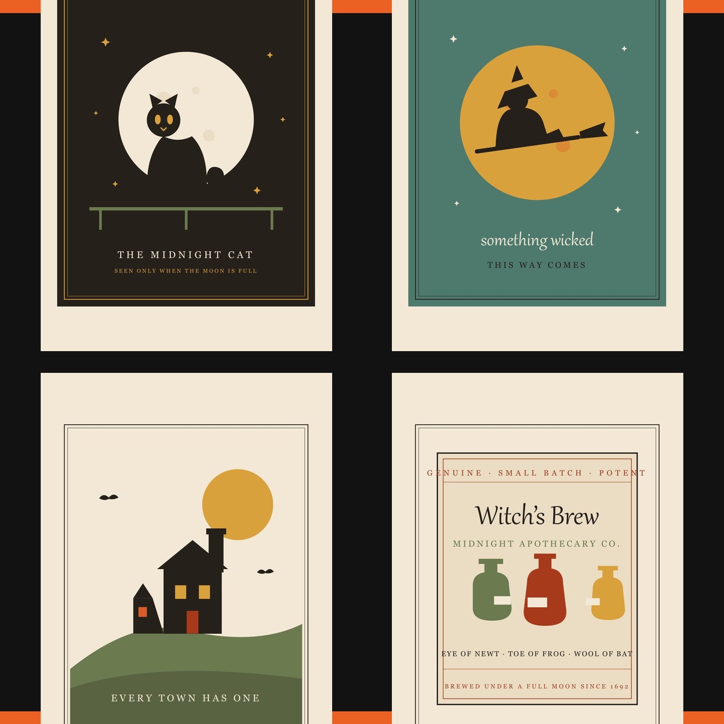 Four of the 20 prints: the Midnight Cat, witch over the moon, Witch's Brew label and the Friendly Three