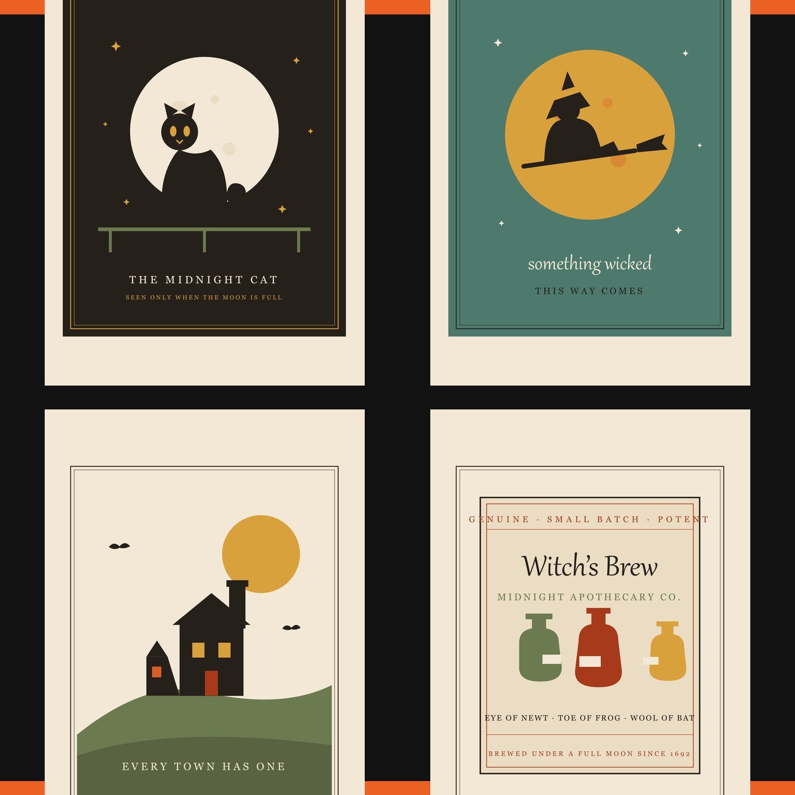 Four of the 20 prints: the Midnight Cat, witch over the moon, Witch's Brew label and the Friendly Three