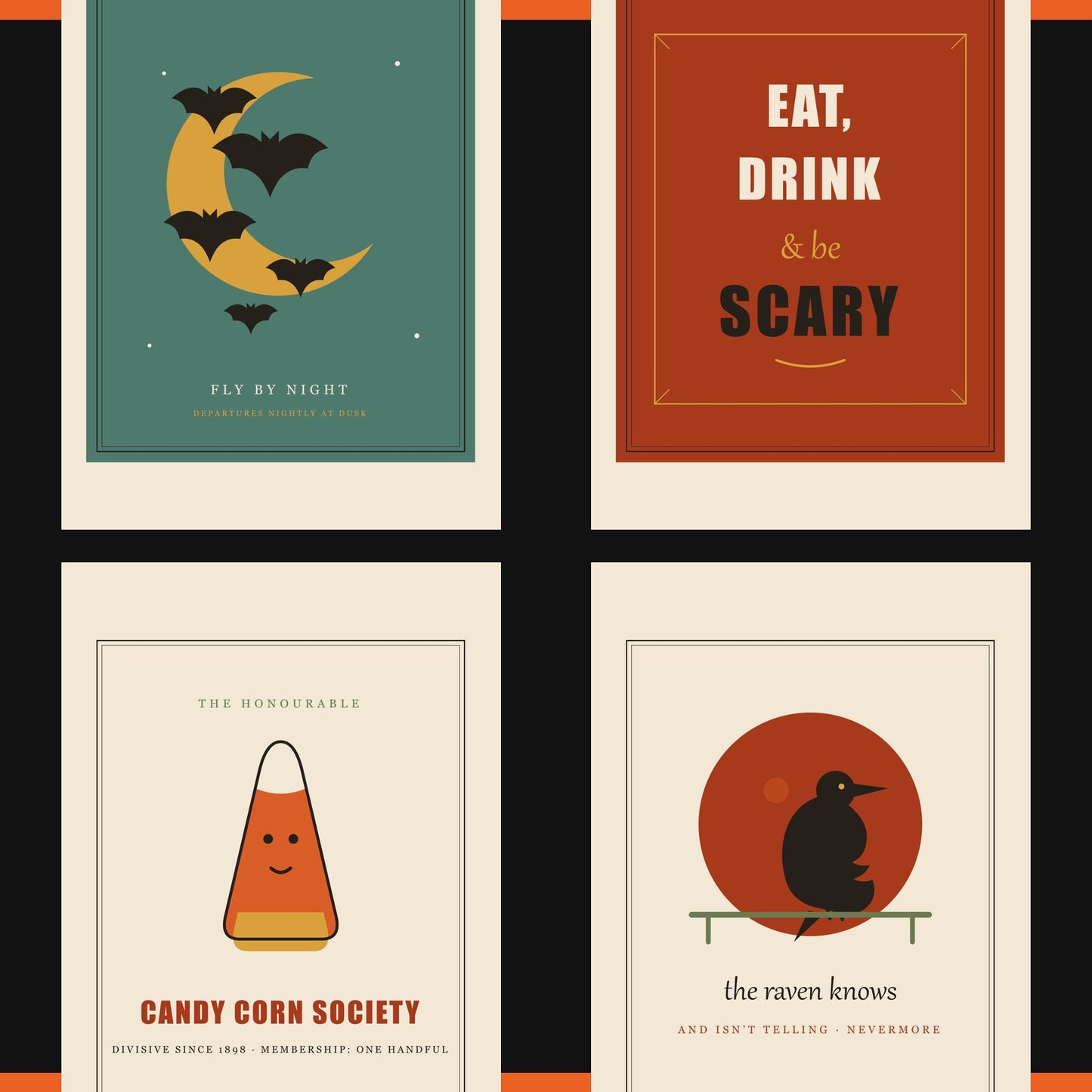 Four of the 20 prints: Eat Drink and Be Scary, Candy Corn Society, the Raven Knows and Potion Pantry