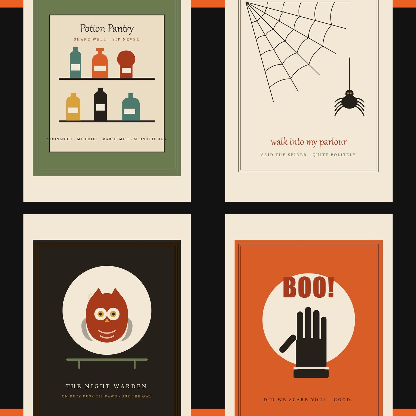 Four of the 20 prints: the Spider's Parlour, Boo, Haunted Hayride ticket and the Night Warden owl