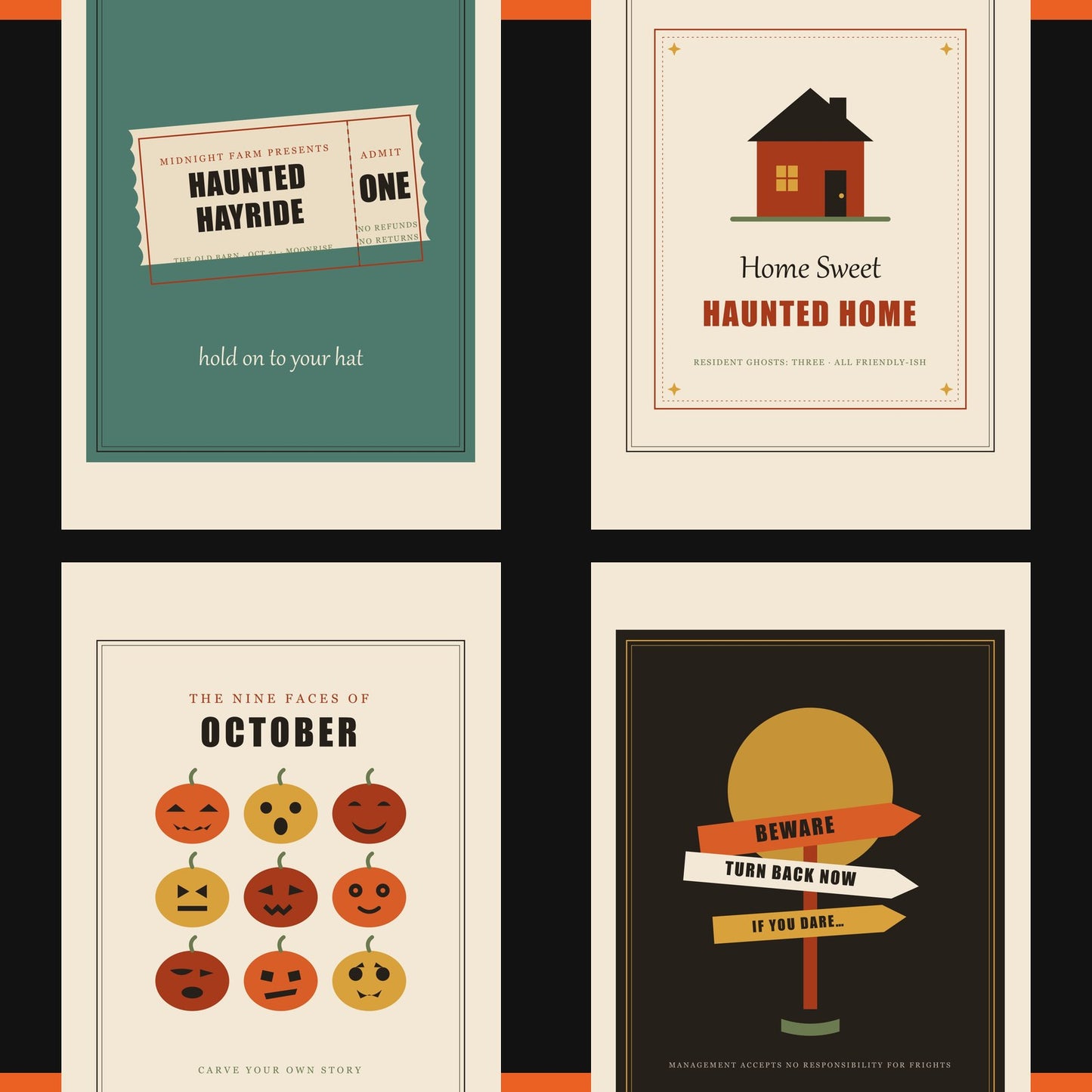 Four of the 20 prints: Home Sweet Haunted Home, phases of the Spooky Season, Nine Faces of October and the Beware signpost