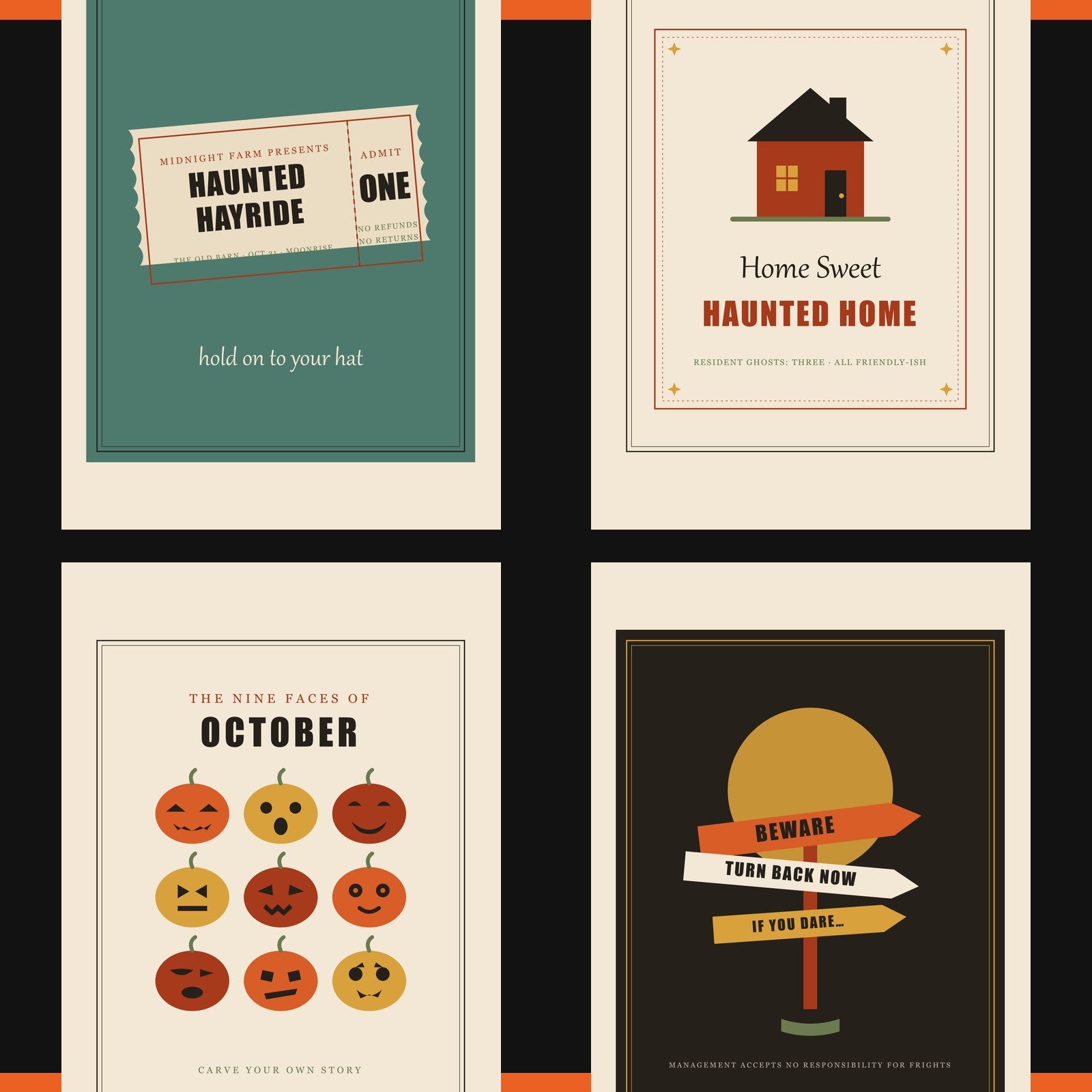 Four of the 20 prints: Home Sweet Haunted Home, phases of the Spooky Season, Nine Faces of October and the Beware signpost
