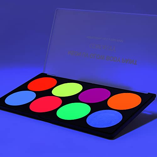 CCbeauty Pro Large UV Glow Face Body Paint Palette, 8 Neon Glow In The Black Lights Makeup, Water Based Activated Eyeliner Painting Palette, Non-Toxic Washable for Kids Adults, Halloween Costume Masquerades Club Makeup