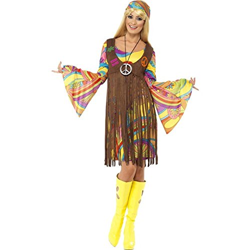 Smiffys, Women's 60's Groovy Lady Costume, Dress, Vest and Headband, Hippie, 35531, Brown, XL, UK Size 20-22