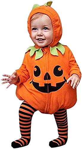oneflow Infant Toddler Baby Girls Boys Halloween Pumpkin Costumes Cute Hooded Romper Top Leggings Pants Outfit Clothes Set (0-6 Months, Orange Hoodie+stripe Pants)