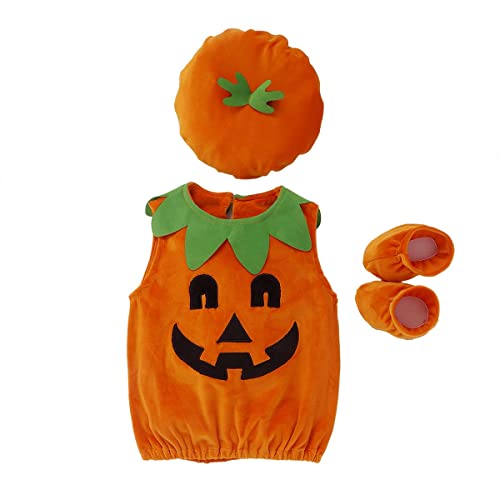 ZHSKEUUN Newborn Baby Pumpkin Halloween Costumes Sleeveless Fleece Halloween Cosplay Suit Hat+Tops+Shoes 3PCS Outfits 3M/5M/6M