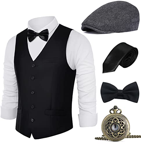 BABEYOND 1920s Mens Gatsby Gangster Vest Costume Accessories Set Fedora Hat