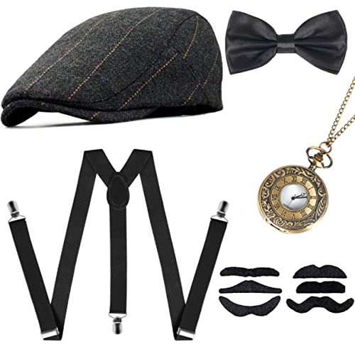 sinoeem 1920s Mens Gatsby Gangster Costume 6 pcs Accessories Set for Man (Newsboy-7)