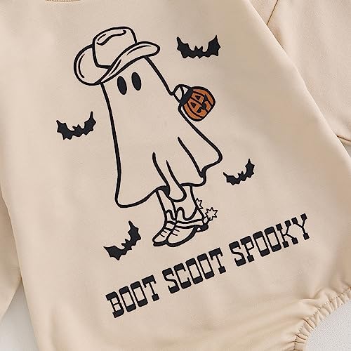 Adobabirl Baby Halloween Outfit Girl Boy Ghost Sweatshirt Romper Oversized Sweater Onesie Cute Fall Winter Clothes (D-Boot Scoot Spooky Beige,3-6 Months)