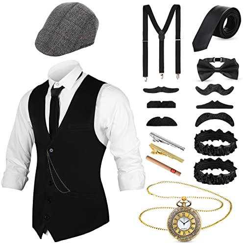1920s Mens Gangster Vest Costume Accessories Set Mardi Gras Party Vintage Fedora Hat Pocket Watch Tied Bow Tie Accessories(Large)