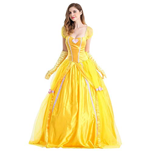IWEMEK Women Belle Dress with Gloves Adult Princess Fancy Dress Up Outfits Halloween Party Carnival Costume Fairy Tale Beauty and The Beast Cosplay Stage Performance Dance Yellow Long Gown XXL