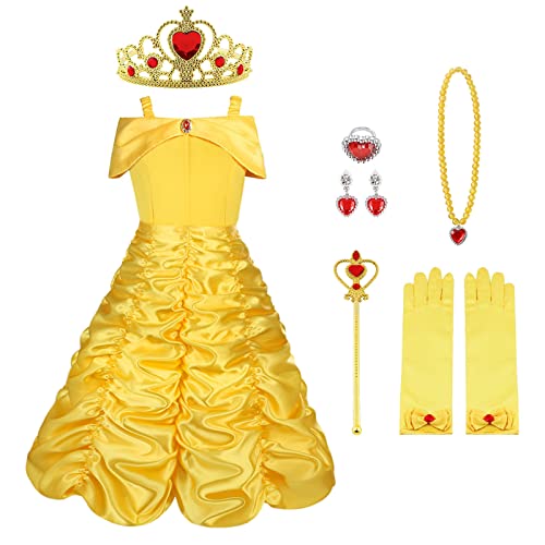 AOMIG Princess Belle Costume Dress,9 Pcs Little Girl Princess Dresses Fancy Party Dress with Crown Wand Gloves Necklace Ring and Earrings Yellow
