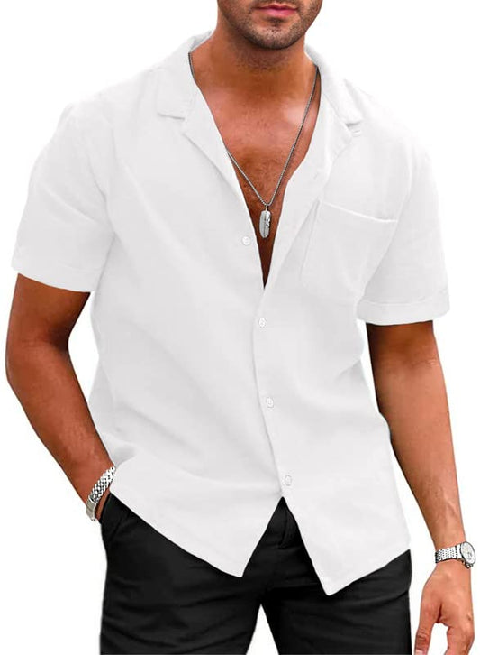 JMIERR Men's Hawaiian Shirts Casual Stylish Cotton Linen Button Up Shirt Cuban Collar Short Sleeve Lightweight 2023 Tropical Beach Shirt with Pockets,US 49(2XL),White