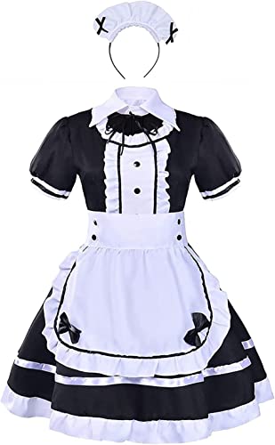 LABABE French Maid Fancy Dress Set,Anime Costume French Maid Outfit Halloween,Womens Traditional Alice Fancy Dress Costume,4 Pcs As A Set Including Dress,Headwear,Apron,Fake Collar(Black,Size 5XL)