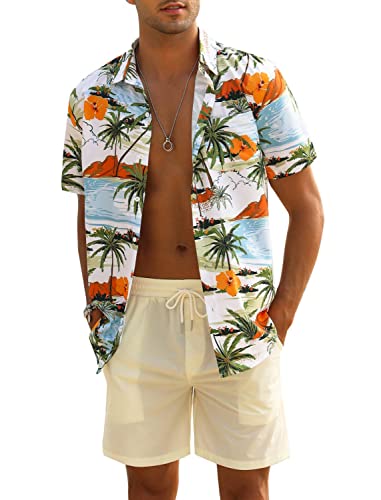 EISHOPEER Men's Flower Shirt Short 2 Piece Hawaiian Sets Casual Button Down Floral Tracksuit Beach Outfit Palm Tree 3X-Large