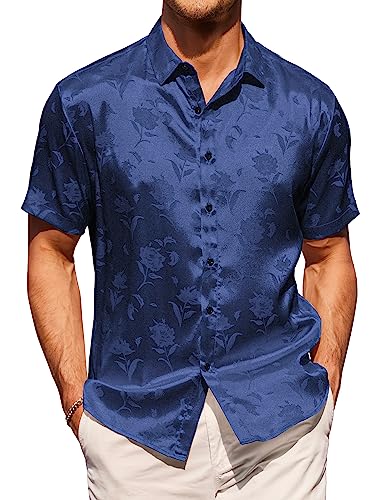 COOFANDY Mens Floral Hawaiian Shirts Silk Short Sleeve Shirts Casual Satin Dress Shirt Navy Blue
