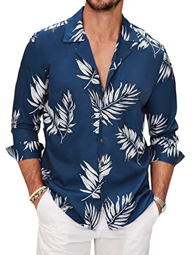 COOFANDY Long Sleeve Hawaiian Shirts for Men Palm Leaf Printed Button Down Shirts Cuban Collar Hawaiian Floral Shirt Palm Leaf L