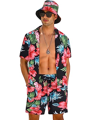EISHOPEER Men's Flower Shirt Hawaiian Sets Casual Button Down Short Sleeve Shirt Suits with Beach Hats XXL-Large