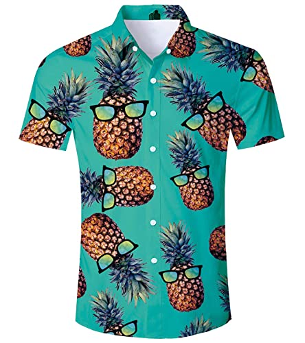 ALISISTER Tropical Hawaiian Shirt Men Vacation Shirts 3D Pineapple Aloha Blouse Button Down Collar Beachwear Summer Party M
