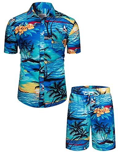 TUNEVUSE Men Hawaiian Shirt and Short Set 2 Picece Beach Outfit Summer Tropical Floral Print Matching Luau Short Suits Flower Print Blue X-Large