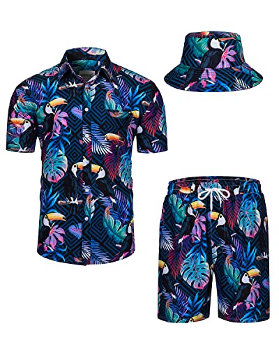 TUNEVUSE Mens Hawaiian Shirts and Shorts Set 2 Pieces Tropical Outfits Bird Printed Button Down Beach Shirt Suit with Bucket Hats Navy XX-Large