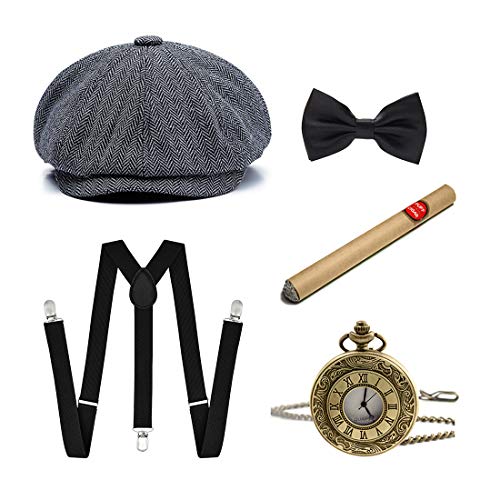 Ziyoot Men's 1920s Accessories Gatsby Gangster Costume Set Tweed Newsboy Cap Gray