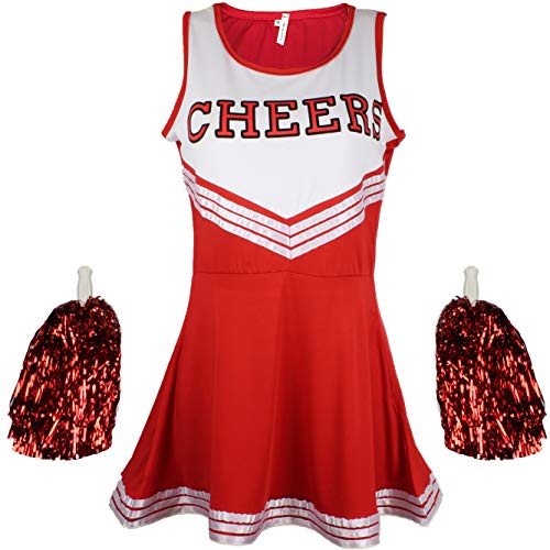 Cheerleader Fancy Dress Outfit Uniform High School Musical Costume with Pom Poms Red Cheerleader, Medium