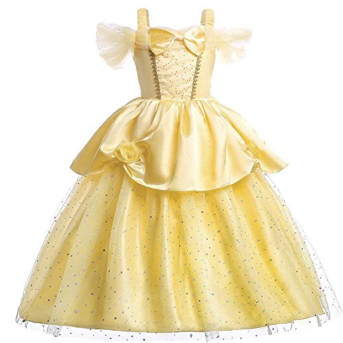 Yeesn Little Girls Princess Belle Costume Off Shoulder Layered Dress up, 4 - 5T, Yellow