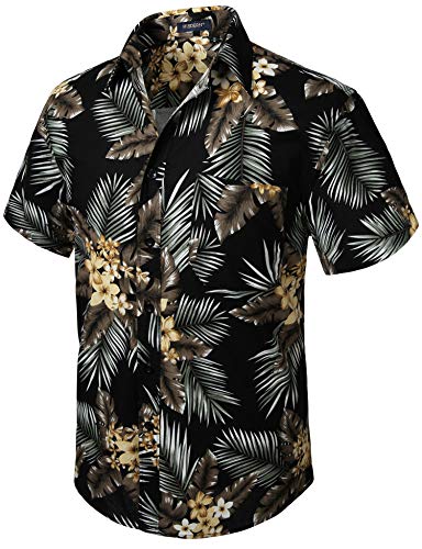 HISDERN Mens Button Down Hawaiian Shirts Black Summer Casual Tropical Floral Aloha Shirt Short Sleeve Vacation Palm Leaf Hawaii Beach Dress Shirt
