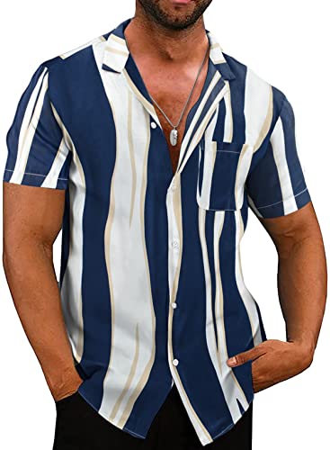 JMIERR Men's Button Up Hawaiian Shirt Tropical Floral Short Sleeve Mens Beach Shirts Summer Vacation Shirts with Pockets, US 46(XL), Sky Blue