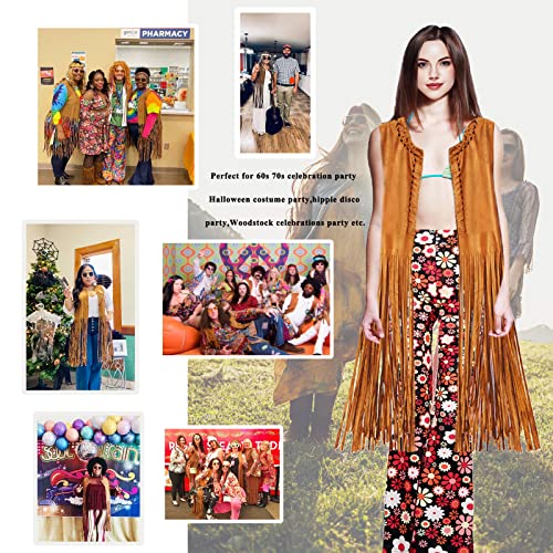 70s Fancy Dress Women Disco Hippie Clothes Fringe Vest with 60s Fancy Dress 70s Costume Flared Trousers & 70s Accessories Hippie Costume Ladies Girls Hippy Fancy Dress for Women Halloween Outfits(L)